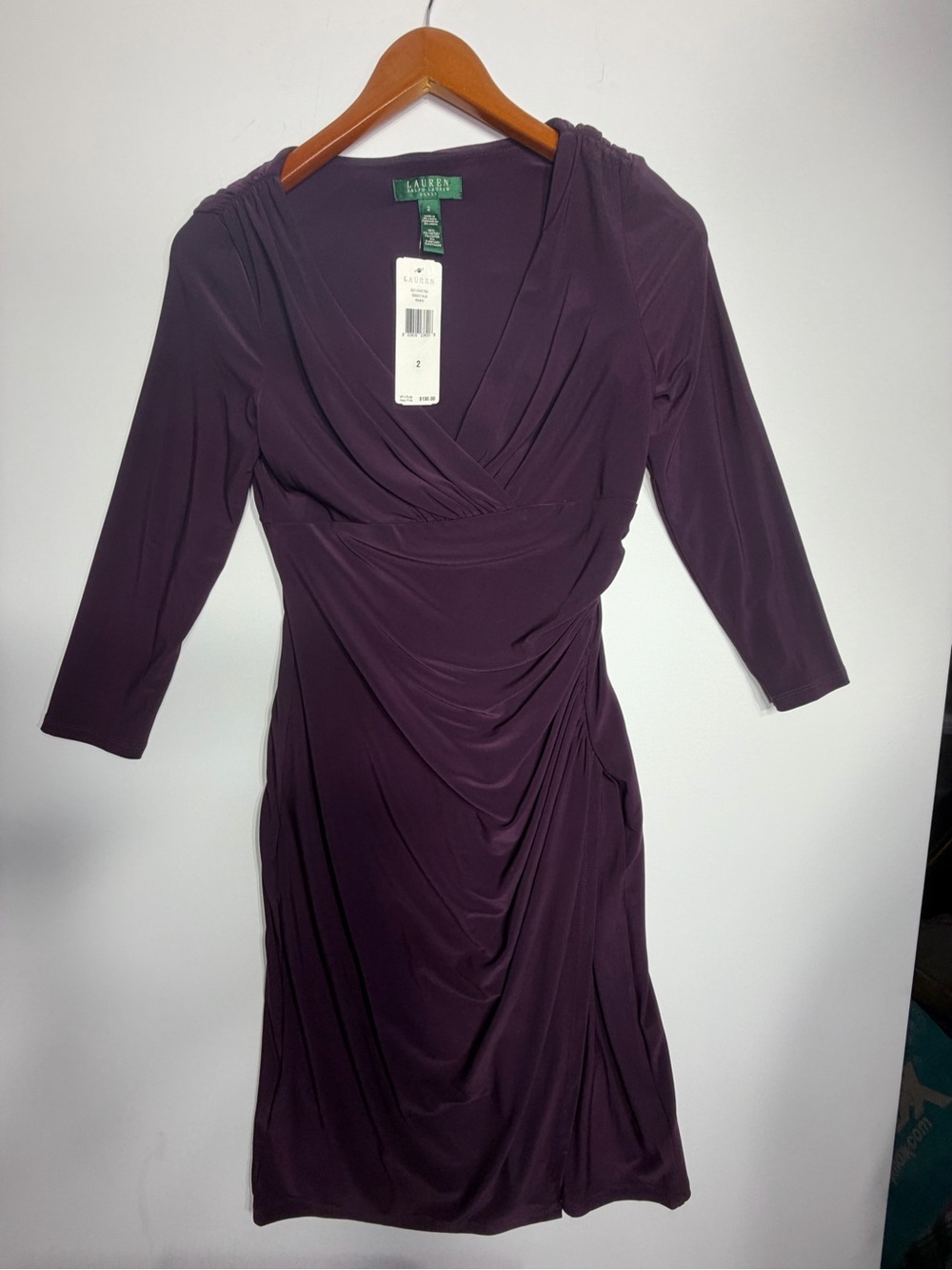 Lauren Ralph Lauren Deep Plum Draped Wrap-Style Jersey Dress size 2 new w tags